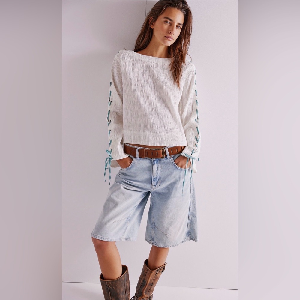 We The Free White Blouse with Teal Sleeve Lacing